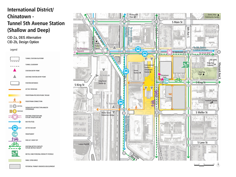 A map describes how pedestrians, bus riders, streetcar riders, bicyclists, and drivers could access the Shallow Chinatown-International District - Tunnel Fifth Avenue Station.